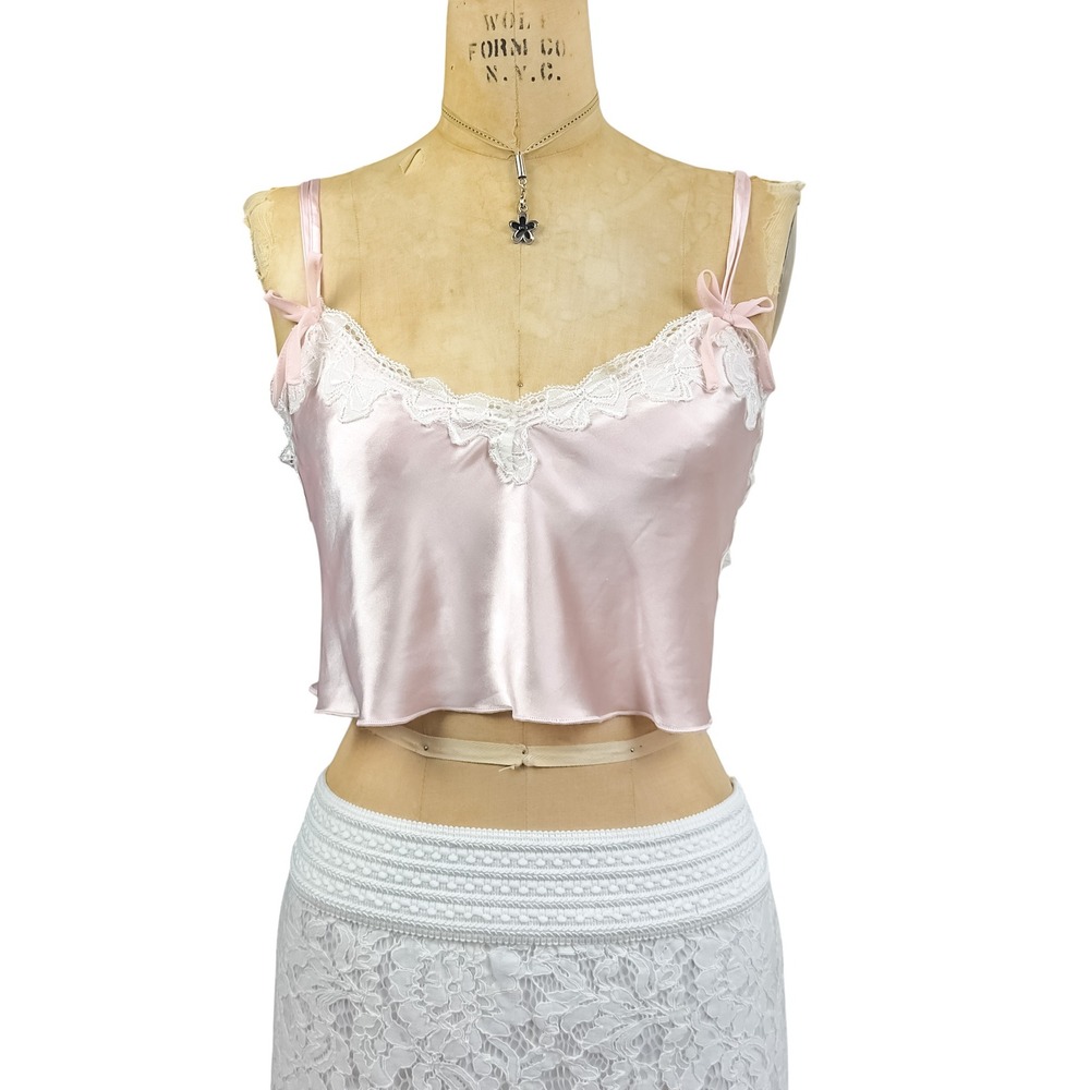 Y2K Coquette Baby Pink Satin Lace Trim Cami Top Bow Dollette Romantic 2000s S